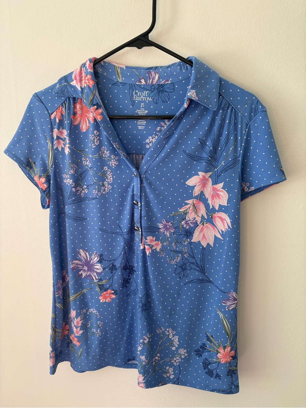 croft & barrow Blue Floral Dot Short Sleeve Button-Front Top